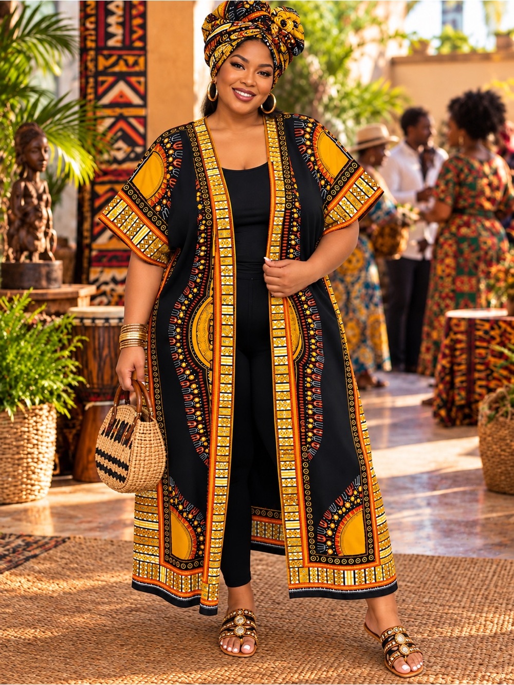 African Print Open-Front Kimono (Fits 20-24)